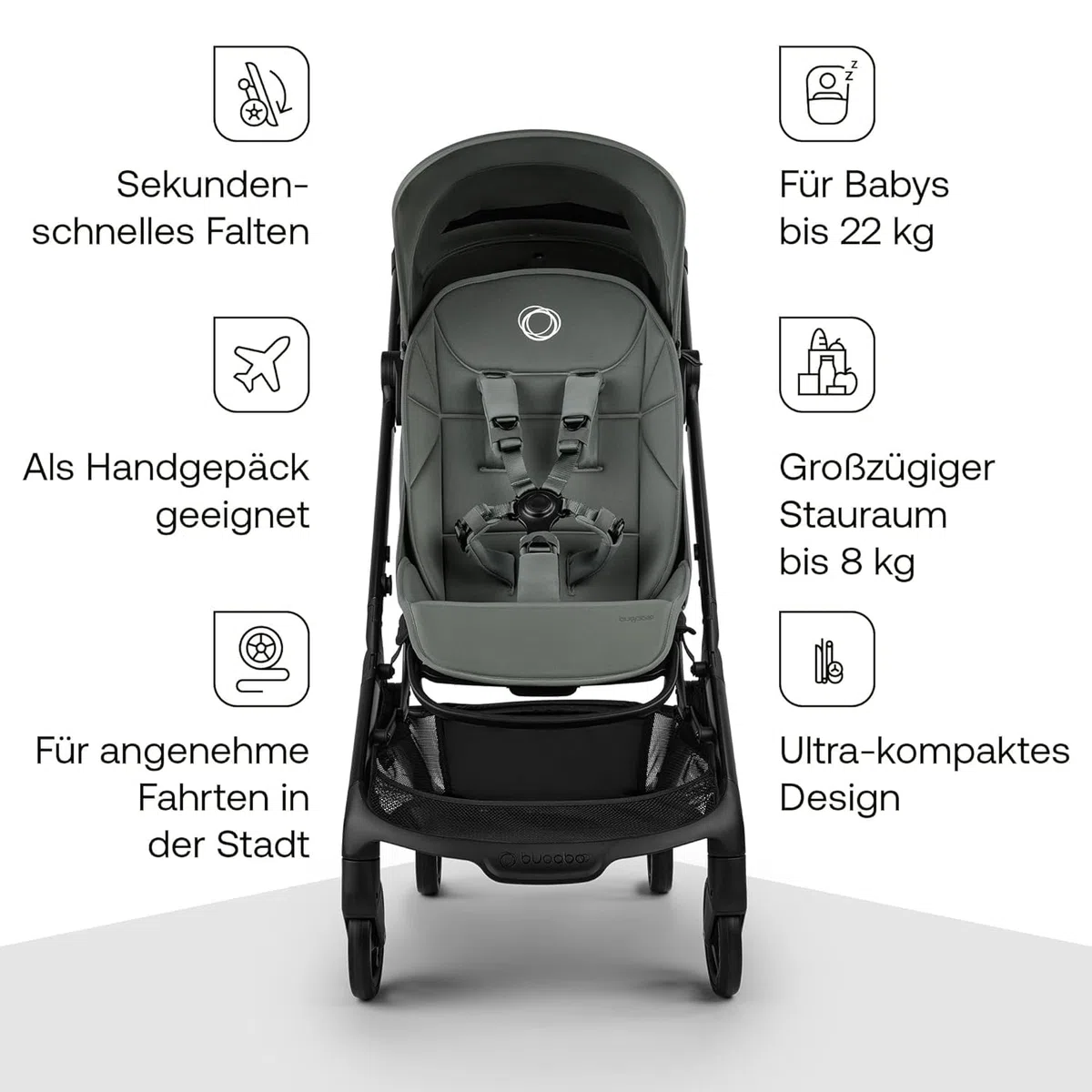 Bugaboo Butterfly 2 Reisebuggy Set – leichter, faltbarer Kinderwagen mit Sicherheitsbügel & Regenabdeckung – Handgepäckgröße, mit Liegefunktion – ab 6 Monaten bis 4 Jahre – Forest Green