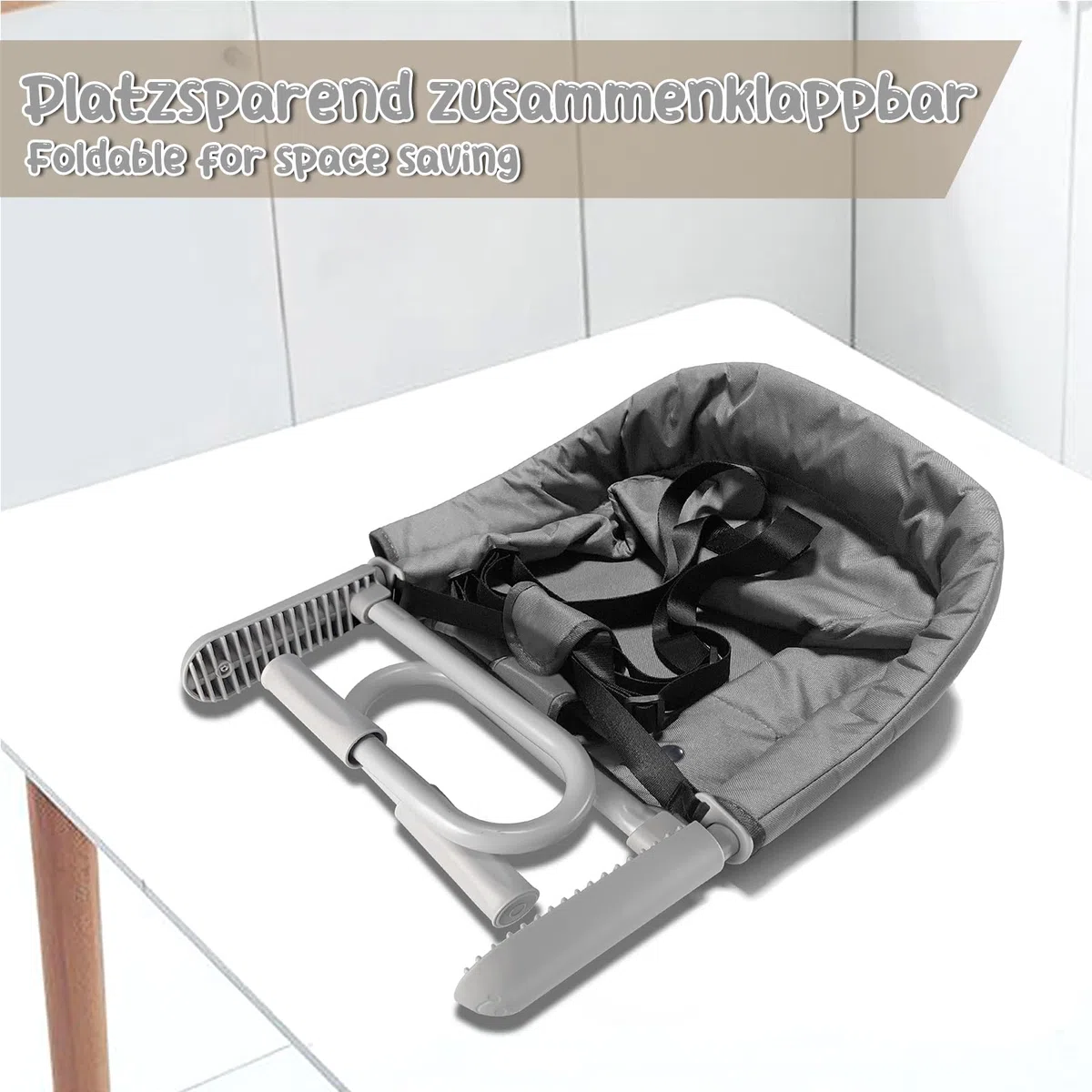 ACXIN Tischsitz Babysitz, Hochstuhl inkl. Transporttasche, Hochwertiger Kinderhochstuhl, Mobiler Hochstuhl für Restaurants, Reise & Co, Belastbar bis 15 kg (Grau)