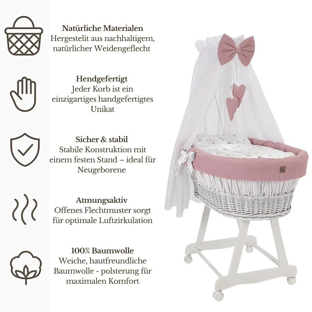 Stubenwagen Lena mit Baldachin – Babywiege mit Rollen, Matratze & Bettwäsche aus Waffelstoff mit Rosa - mit Zirkusmotiv, handgefertigt, weiß Moseskorb aus Weide