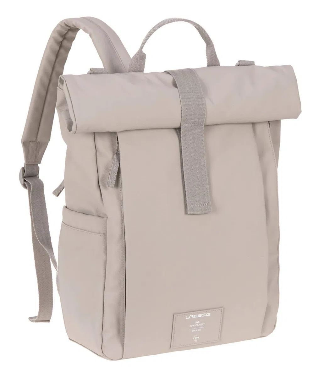 LÄSSIG Baby Wickelrucksack Wickeltasche Rucksack mit Wickelunterlage, Kinderwagenbefestigung, Flaschenhalter nachhaltig produziert/GRE Rolltop Up Backpack