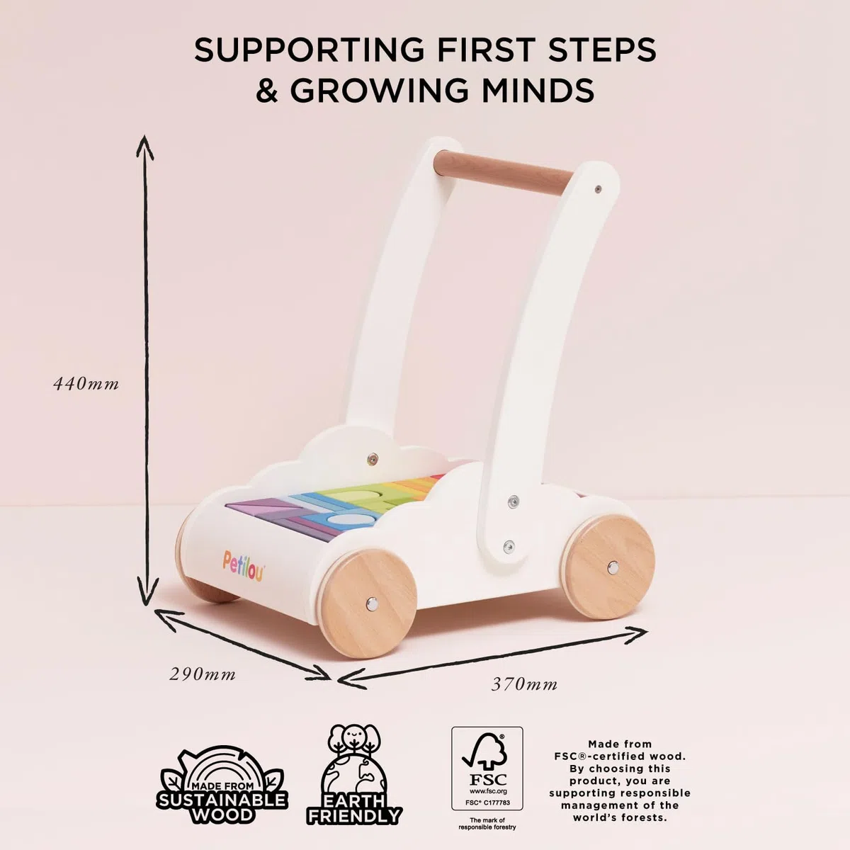Le Toy Van – Pädagogischer Petilou Lauflernwagen „Regenbogen & Wolken“ aus Holz für Kleinkinder und Babys | Für Mädchen & Jungen | Geeignet für Kinder ab einem Jahr