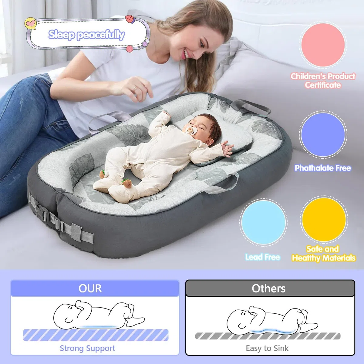 Babynest-Set mit Spielzeug, beaufsichtigter Baby-Schlafschale, weich und atmungsaktiv, 100 % Baumwolle, Schlafkopf-Baby, 76 cm x 53 cm, für 0–9 Monate. Unverzichtbares Geschenk für Neugeborene.