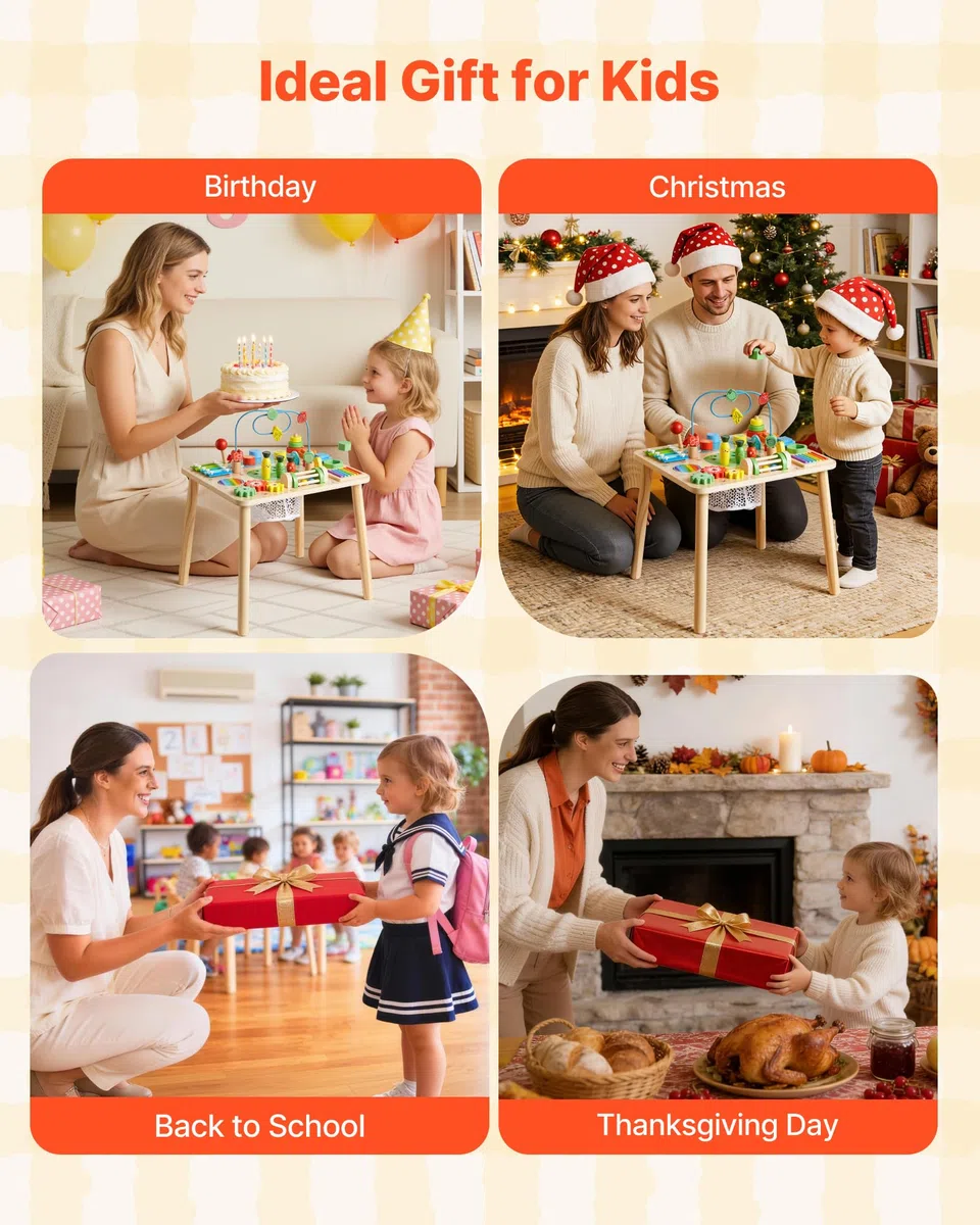 VEVOR Holz Aktivitätstisch, Montessori Spielzeug, 13-in-1-Lerntisch, Spieltisch Aktivitätstisch für Kinder ab 6 Monaten, Geburtstag, Weihnachten oder Kindertag, 6-36 Monate