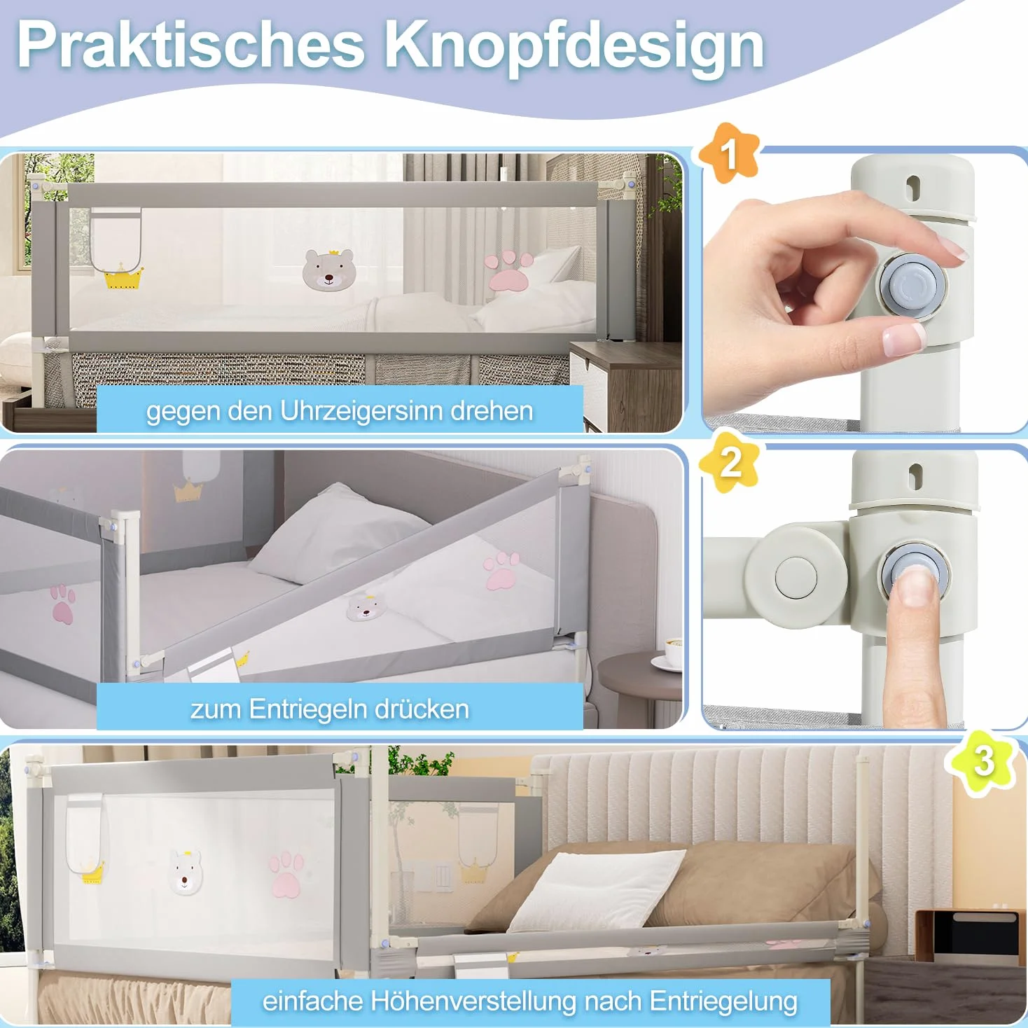 Bettgitter Rausfallschutz 2X 200cm+1X 180cm, Kinderbettgitter Höhenverstellbar 64-96cm, Bettschutzgitter für Kleinkinder, Babybettgitter mit Luftiges Netz -Grau