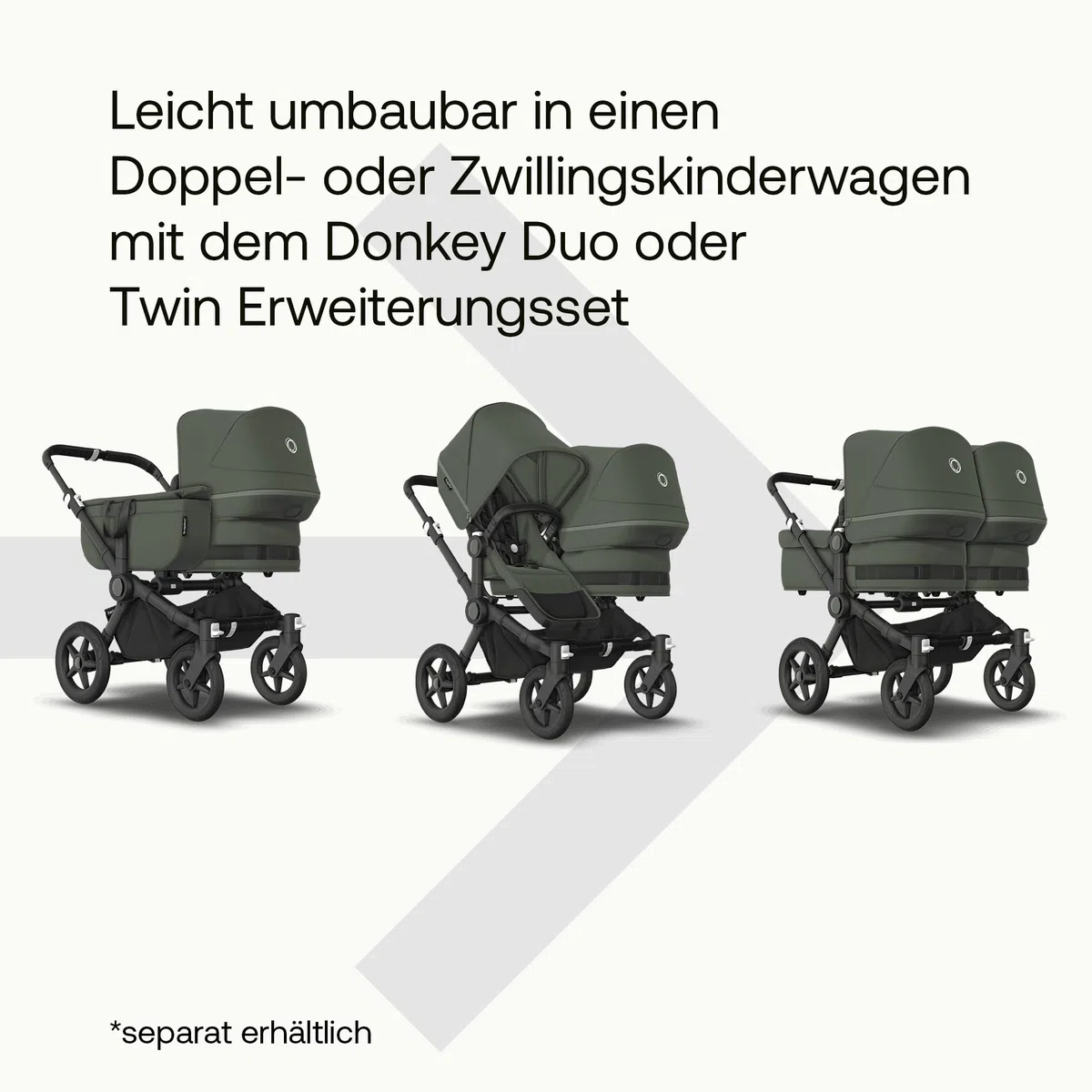 Bugaboo Donkey 5 Twin Erweiterungsset, verwandelt deinen Donkey 5 Mono in einen Zwillingskinderwagen,verbessertes Side By Side-Design, wendbarer Sitz und Ein-Hand-Steuerung, Forest Green