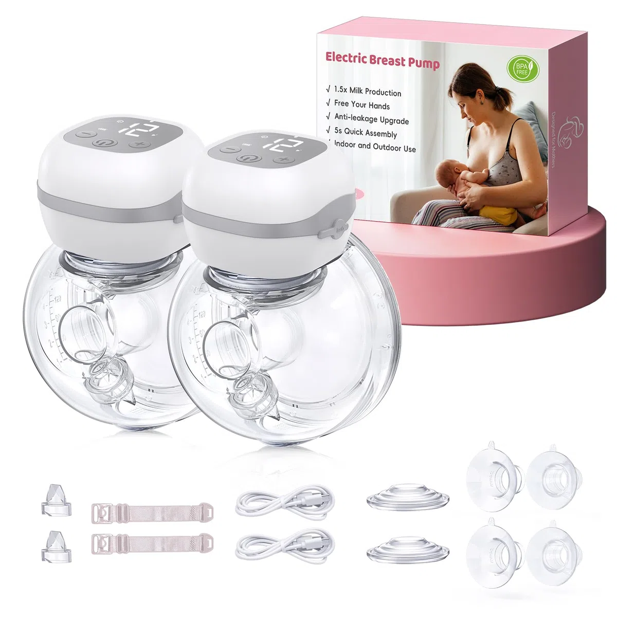 Haokoo Elektrische Milchpumpe -201g BPA-frei Milchpumpe Elektrisch Freihändig, 3 Modi und 12 Stufen, 40dB Leise, Ideal für Arbeit, Reisen & Nacht, 2er-Pack