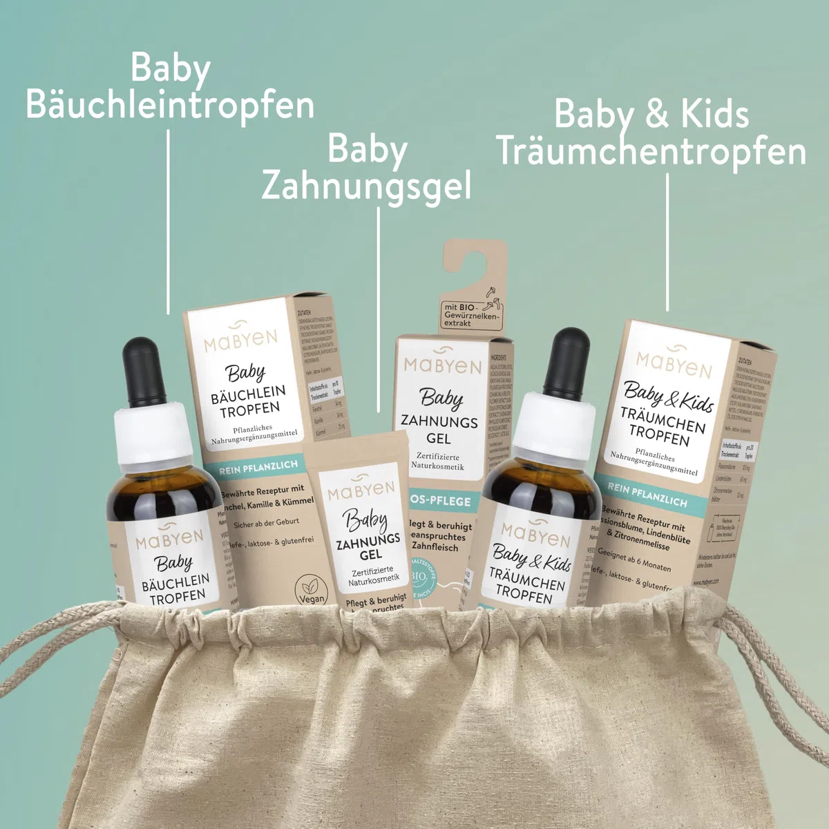 MABYEN Baby Wohlfühl Set - Naturkosmetik, zuckerfrei, ohne Alkohol, vegan, Geschenkset - 3 Produkte + Stoffbeutel - Zahnungsgel, Bäuchleintropfen und Träumchentropfen