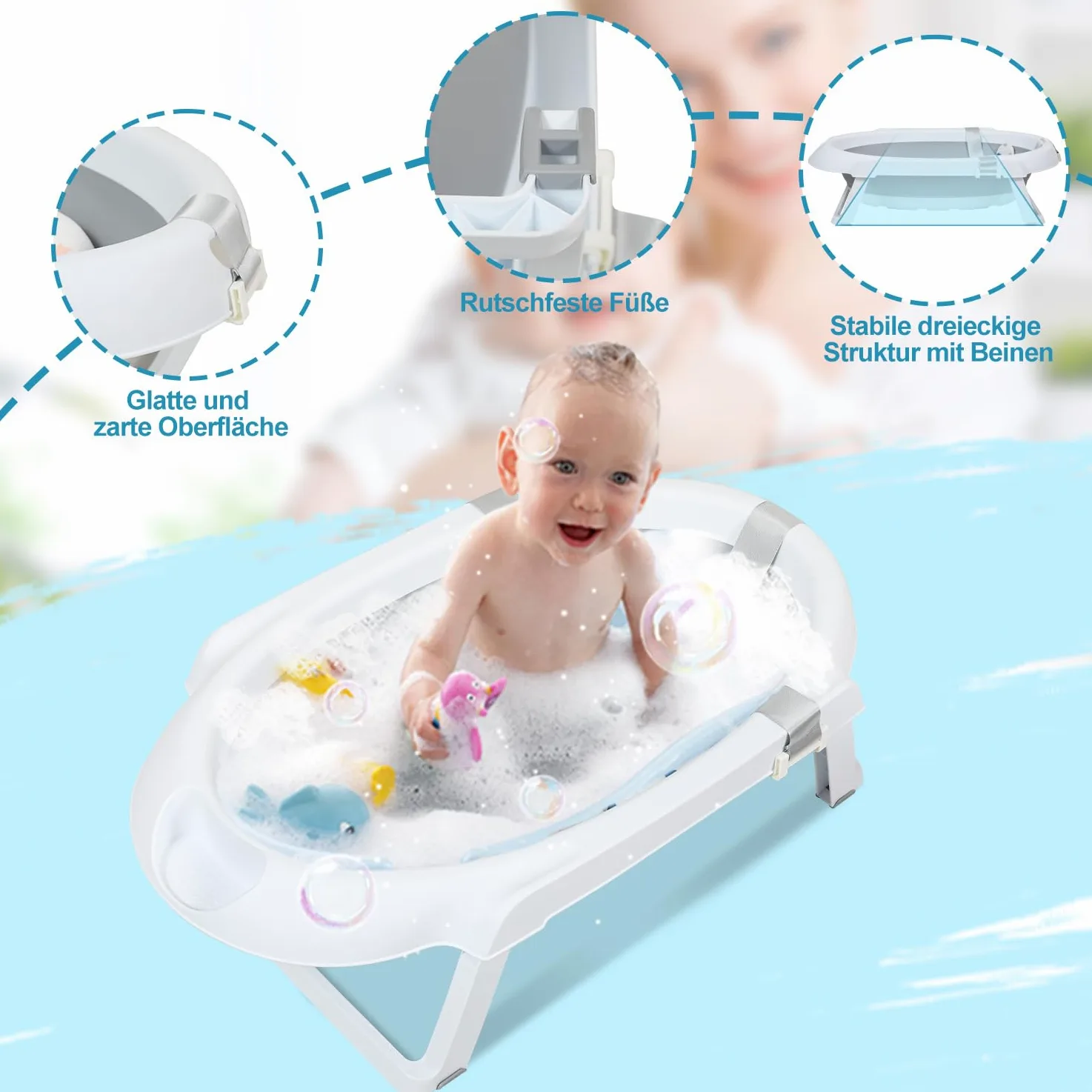 Baby Badewanne, Faltbar Babybadewanne mit Gestell 80cm, Baby Badewanne mit Temperatursensor und Bath Mat, Babybadewanne Neugeborene, Grau