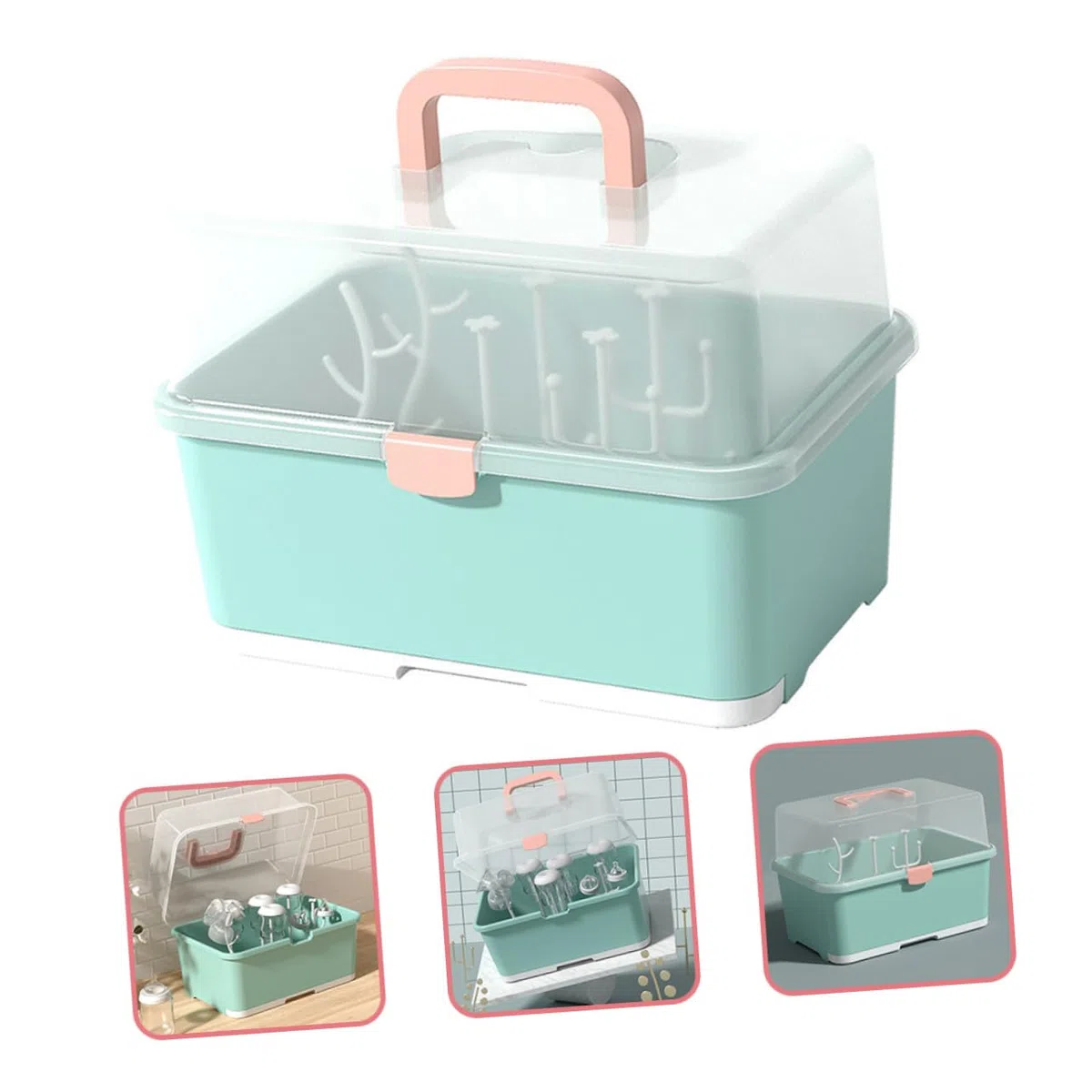 Hohopeti Babynahrungsflaschen Trockengestell mit Deckel Küchenorganizer für Babyflaschen und Zubehör Aufbewahrungsbox mit Abtropfschale Praktischer Flaschenhalter für Stillzubehör Grün