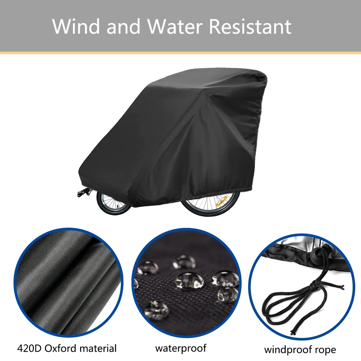 Sqodok Fahrradanhänger-Abdeckung, wasserdicht, 420D-Oxford-Material, mit PU-Beschichtung, UV-Schutz, winddicht, staubdicht, 139,7 x 83,8 x 99,1 cm, Schwarz, Blau