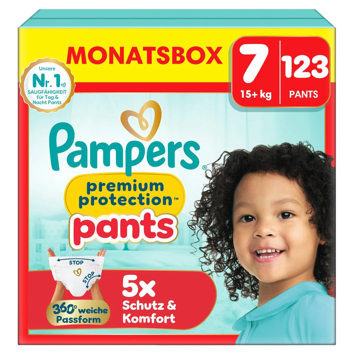 Pampers Premium Protection Pants Größe 7, 123 Windeln, 15kg+, 360° Passform