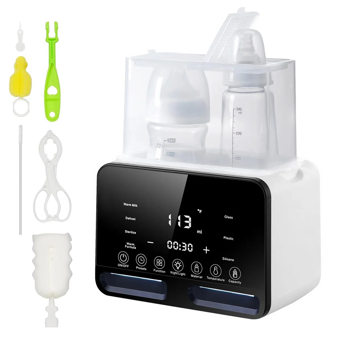 Flaschenwärmer Baby 9 in 1 Sterilisator für Babyflaschen - Babykostwärmer mit Temperatur - für 2 Flaschen mit LCD Display BPA-freier Fast Babynahrungsheizung Auftauen Voreinstellungen (Doppelflasche)