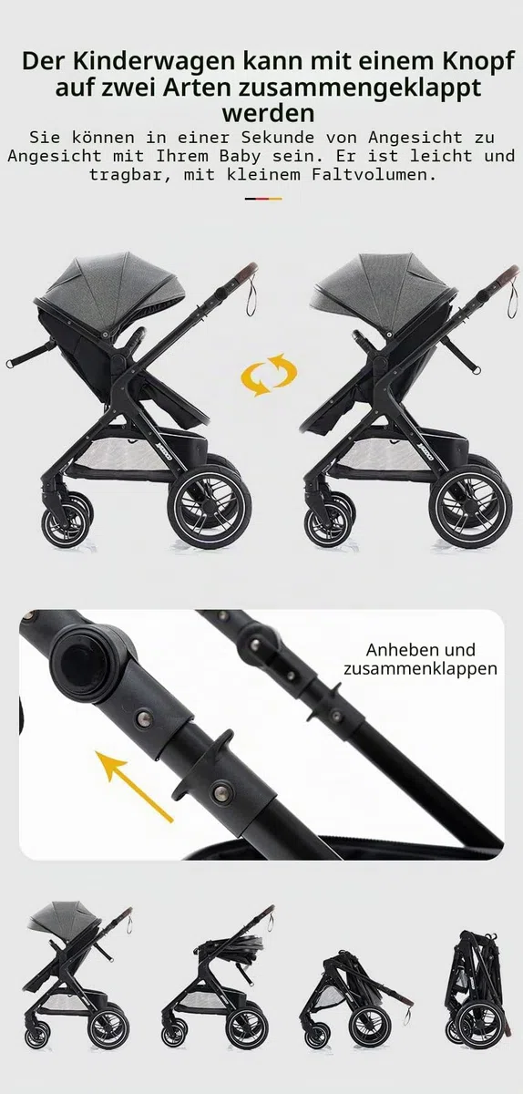 YAZOCO Kompakter 3 in 1Kinderwagen Anstout Terrain Luxus Hohe Landschaft Vierfacher Kinderwagen 0-36kg Faltbarer Gehstock Baby Kinderwagen Komfort Autositz Zubehör (Schwarz)
