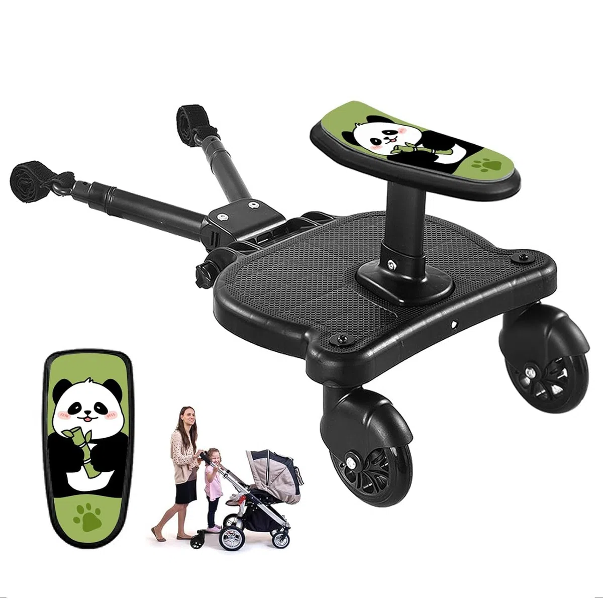 Buggy Board mit Sitz, BuggyBoard, Kinderwagen Board, trittbrett für kinderwagen universal, kompatibel mit fast jedem Buggy und Kinderwagen, Tragfähigkeit 25kg (schwarze Räder)