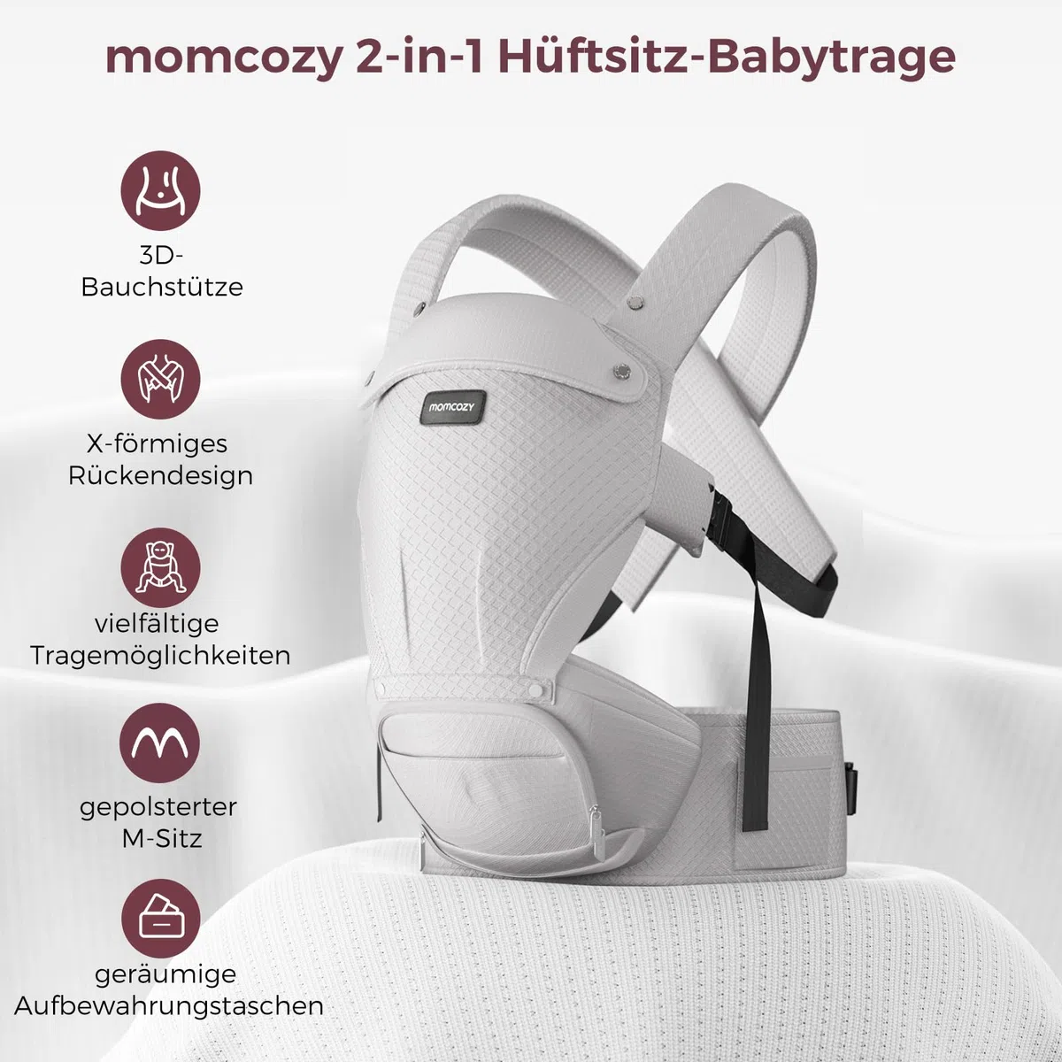Momcozy Babytrage mit Hüftkissen, 2-in-1 verstellbare Hüfttrage bis 20kg, atmungsaktive Tragehilfe mit Lendenstütze, Grau