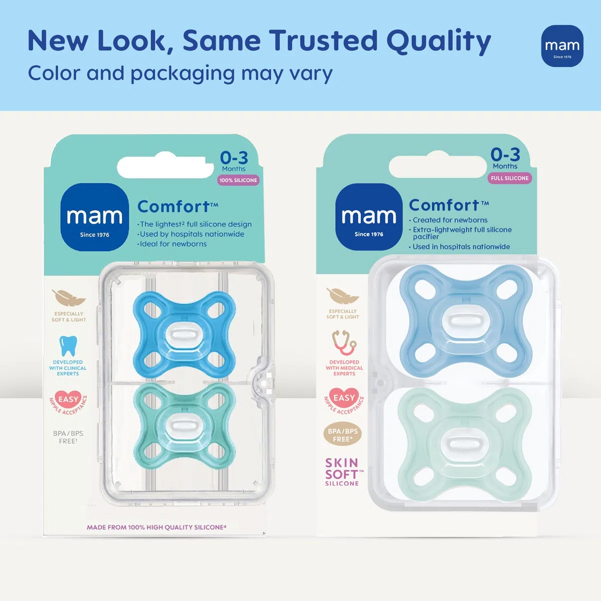 MAM Comfort Baby Schnuller, 100% leichtes Silikon, Sterilisator-Hülle, 0-3 Monate, 2 Stück