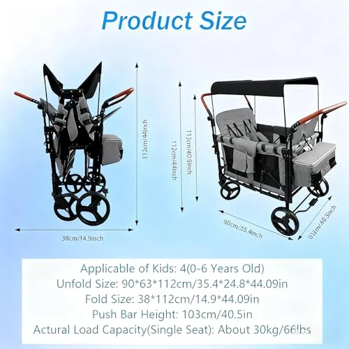 Zusammenklappbarer Kinderwagen, 4-Sitzer-Wagen mit 5-Punkt-Gurtsystemen, Sonnenschutz, Seitentaschen und Schiebestange for Kinder im Alter von 0–6 Jahren – Grau