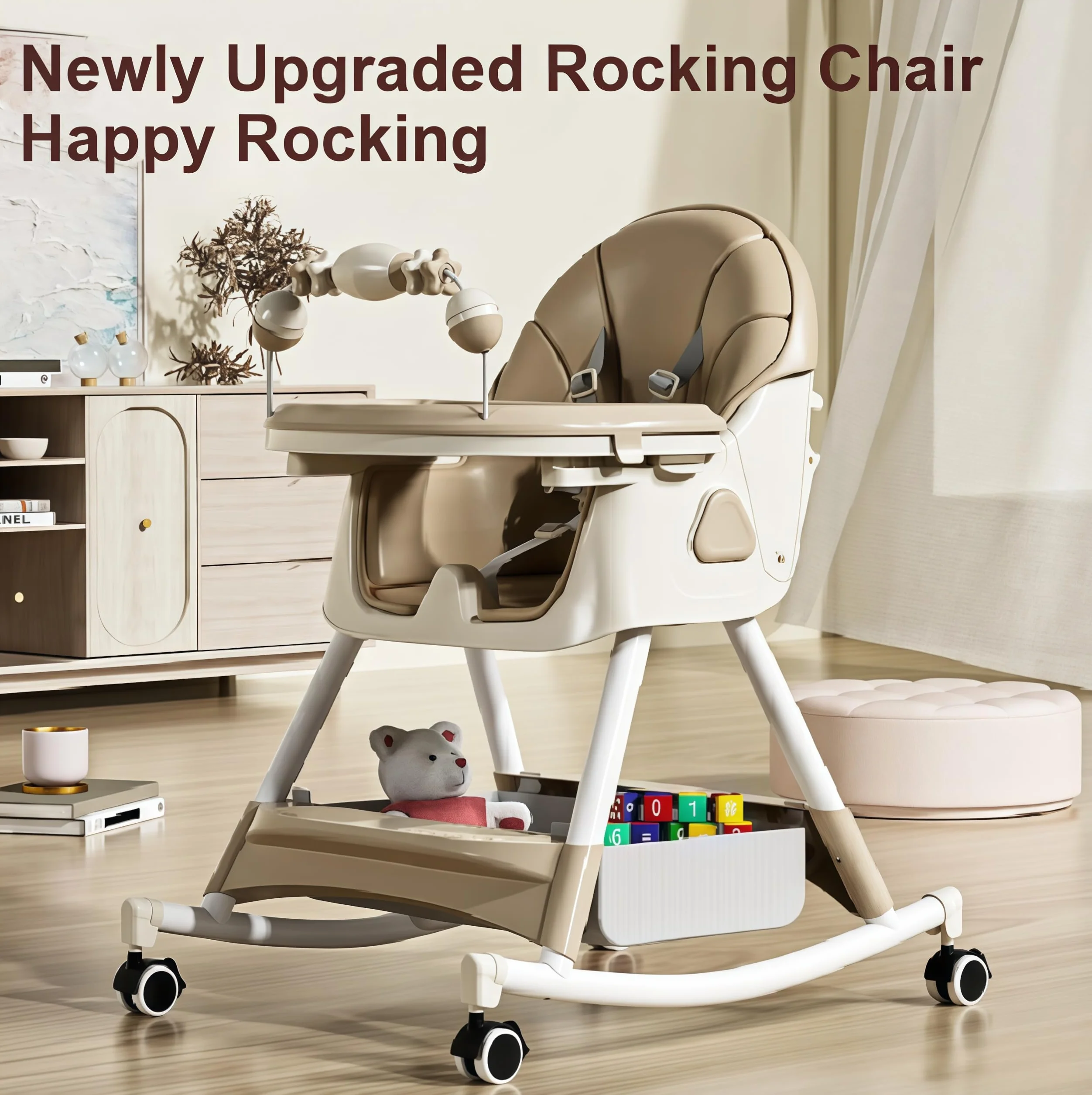 MoLi PU-Leder Hochstuhl Baby mit Schaukelfunktion, Hochstuhl mit Rädern, Verstellbarer und Leicht Zusammenklappbarer Kinderhochstuhl, Hochstühle mit Doppeltablett (560 Khaki)