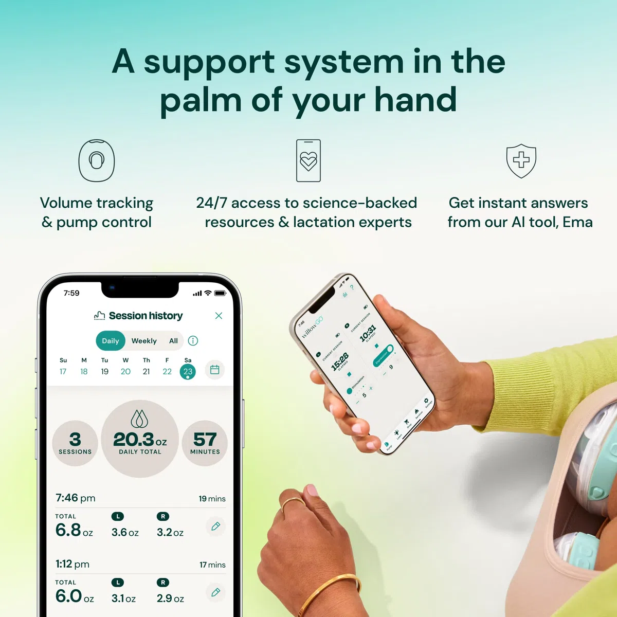 Willow Go Tragbare Milchpumpe, freihändige doppelte elektrische Milchpumpe, kabelloses In-Bra-Design mit 15 Saugstufen in Krankenhausqualität, inklusive 24 mm und 21 mm Flanschen und 142 g