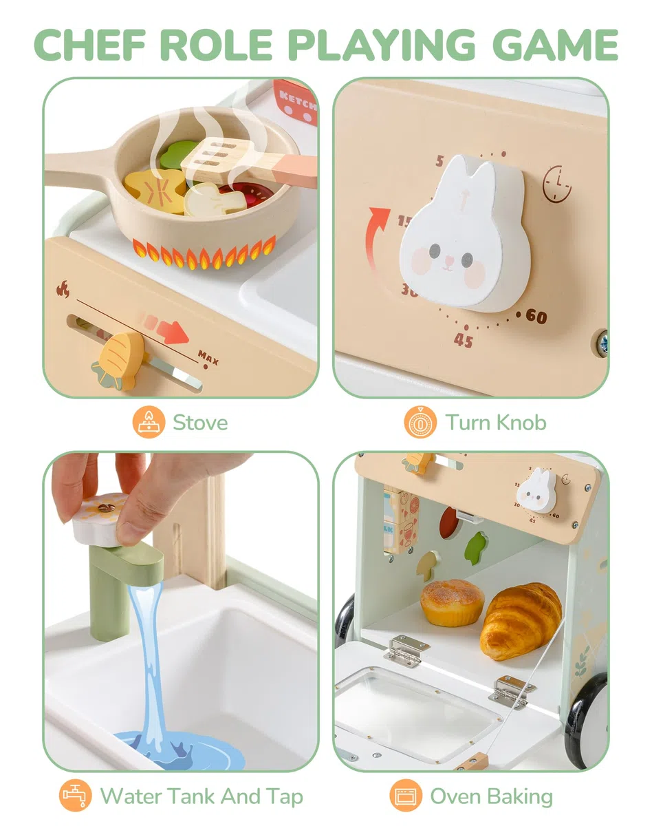 ROBOTIME Holz Lauflernwagen mit Spielküche, 2-in-1 Baby Walker & Aktivitätscenter, höhenverstellbar, mit Bremse, Motorikspielzeug für Kleinkinder ab 10-36 Monaten