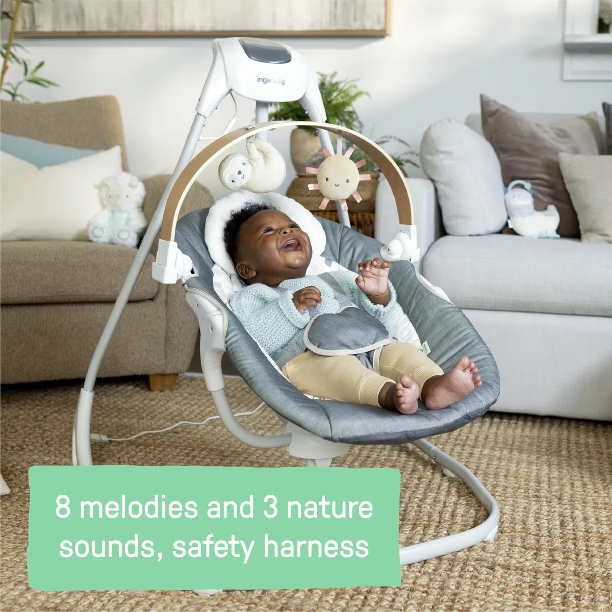 Ingenuity SimpleComfort Compact Soothing Swing, drehbare Spielzeugstange, drehbarer Sitz, 6 Geschwindigkeiten, für Kinder von 0-9 Monaten, bis zu 9kg - Parker