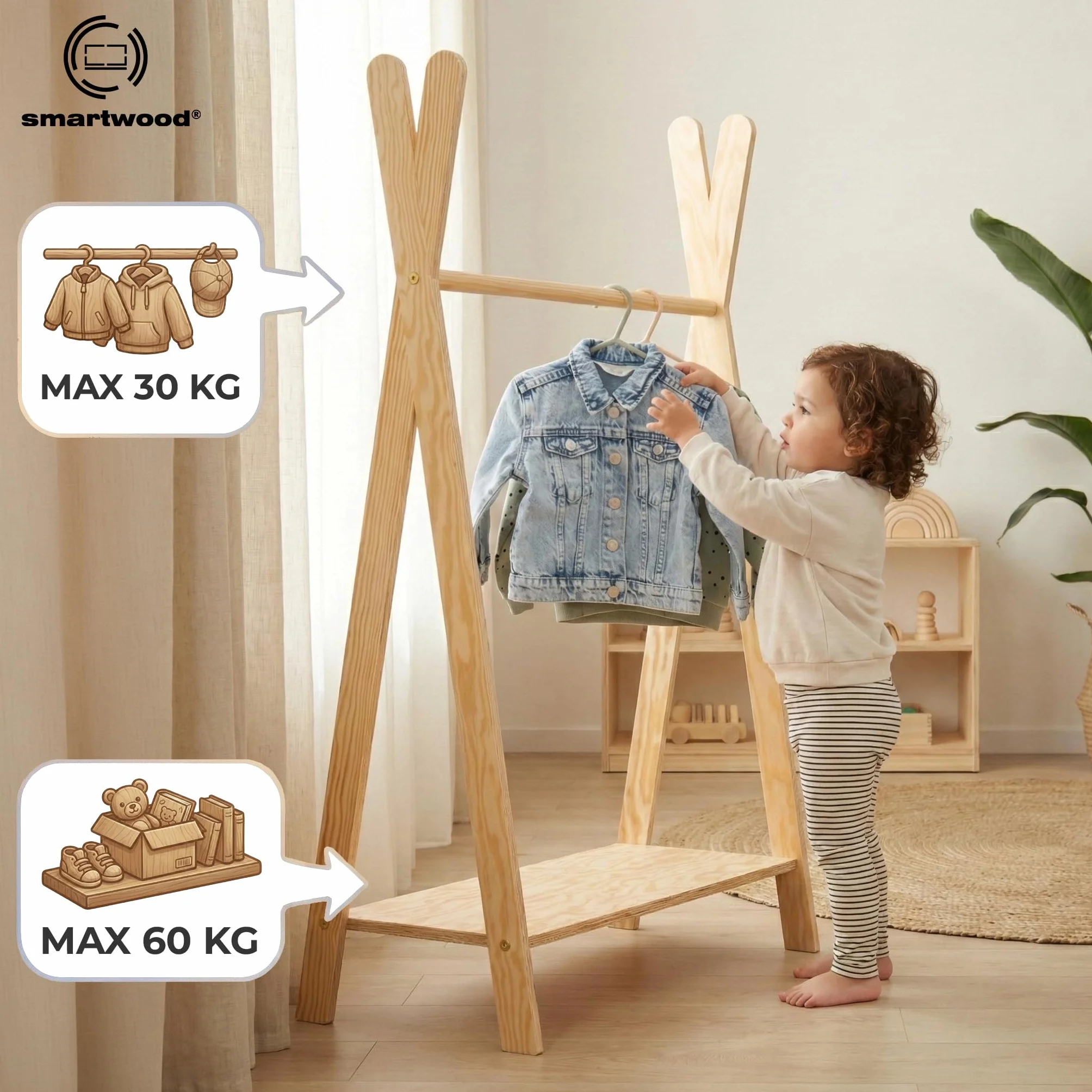 smartwood Kinder Kleiderständer TIPI M 97x63x36 cm - Montessori Garderobe aus FSC-Kiefernsperrholz mit Kleiderstange & Ablage - Garderobenständer mit Tragkraft bis 30 kg