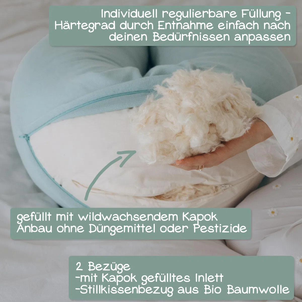 Stillkissen XXL Bio Baumwolle (Öko-Tex 100) mit Kapok Füllung (190x30cm) créme - Großes Baby-Kissen zum Schlafen, Stillen & Flasche geben, Schwangerschaftskissen & Seitenschläferkissen