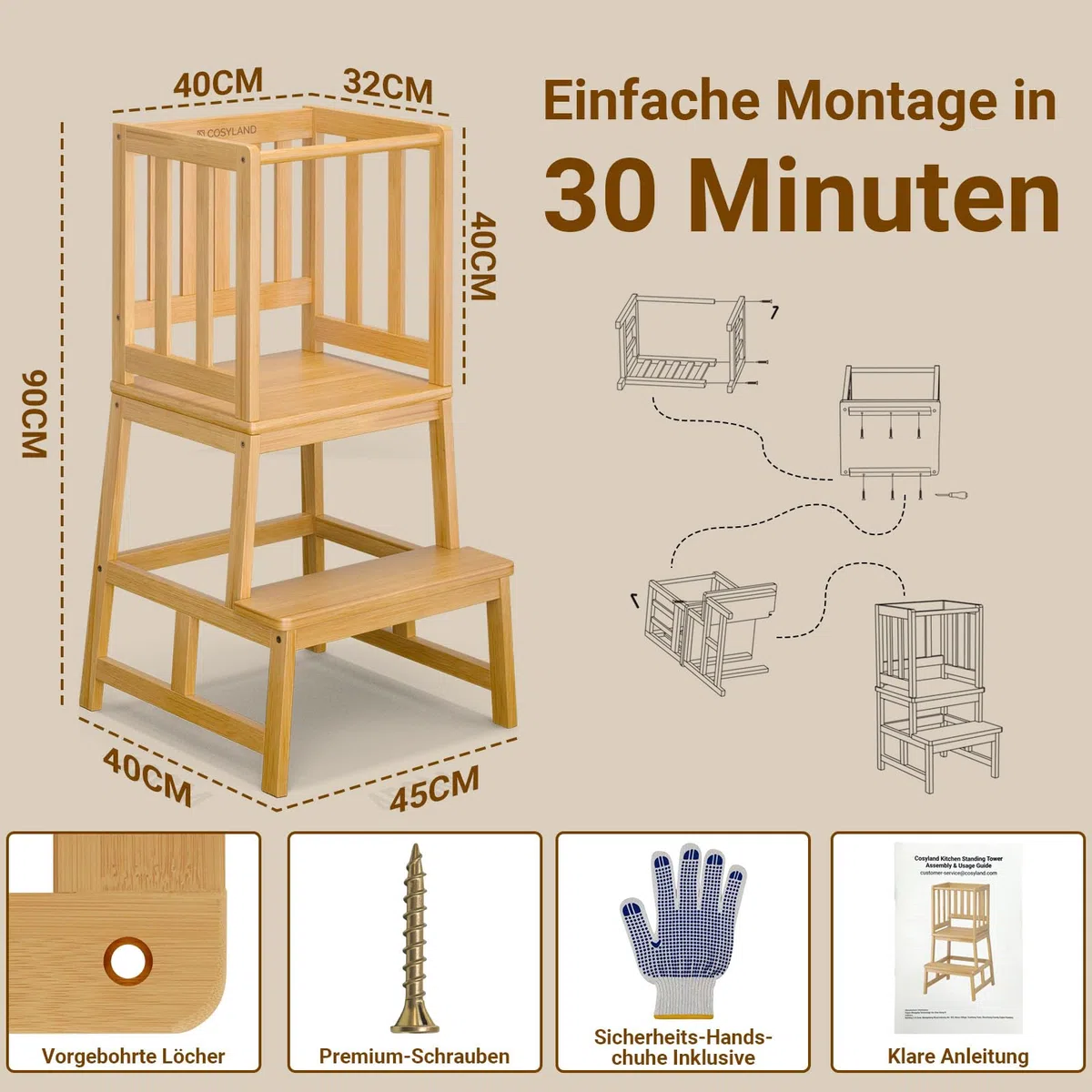 COSYLAND Lernturm ab 1 Jahr – Montessori Learning Tower für Kinder – Sicherer Kinder Lernturm ab 2 Jahre – Stabiler Toddler Tower, Naturfarbe
