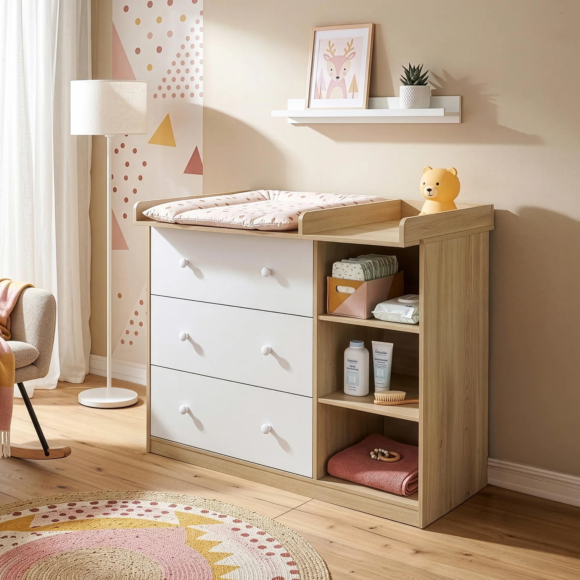 Wickelkommode Beldinupp Wickeltisch 3 Schubladen 3 Regalfächer 93 x 110 x 55 cm Eicheoptik Weiß