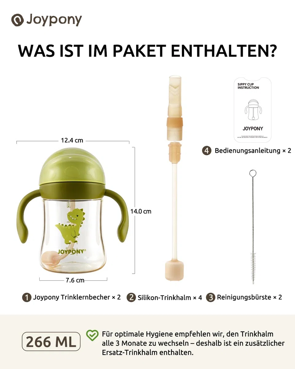 Joypony PPSU Trinklernbecher mit Strohhalm & Gewichtskugel, 266ml (9oz) Baby Trinkflasche Auslaufsicher, inkl. 4 Strohhalme & 2 Reinigungsbürste, Strohhalmbecher ab 6 Monate, BPA-Frei Grün/2 pack