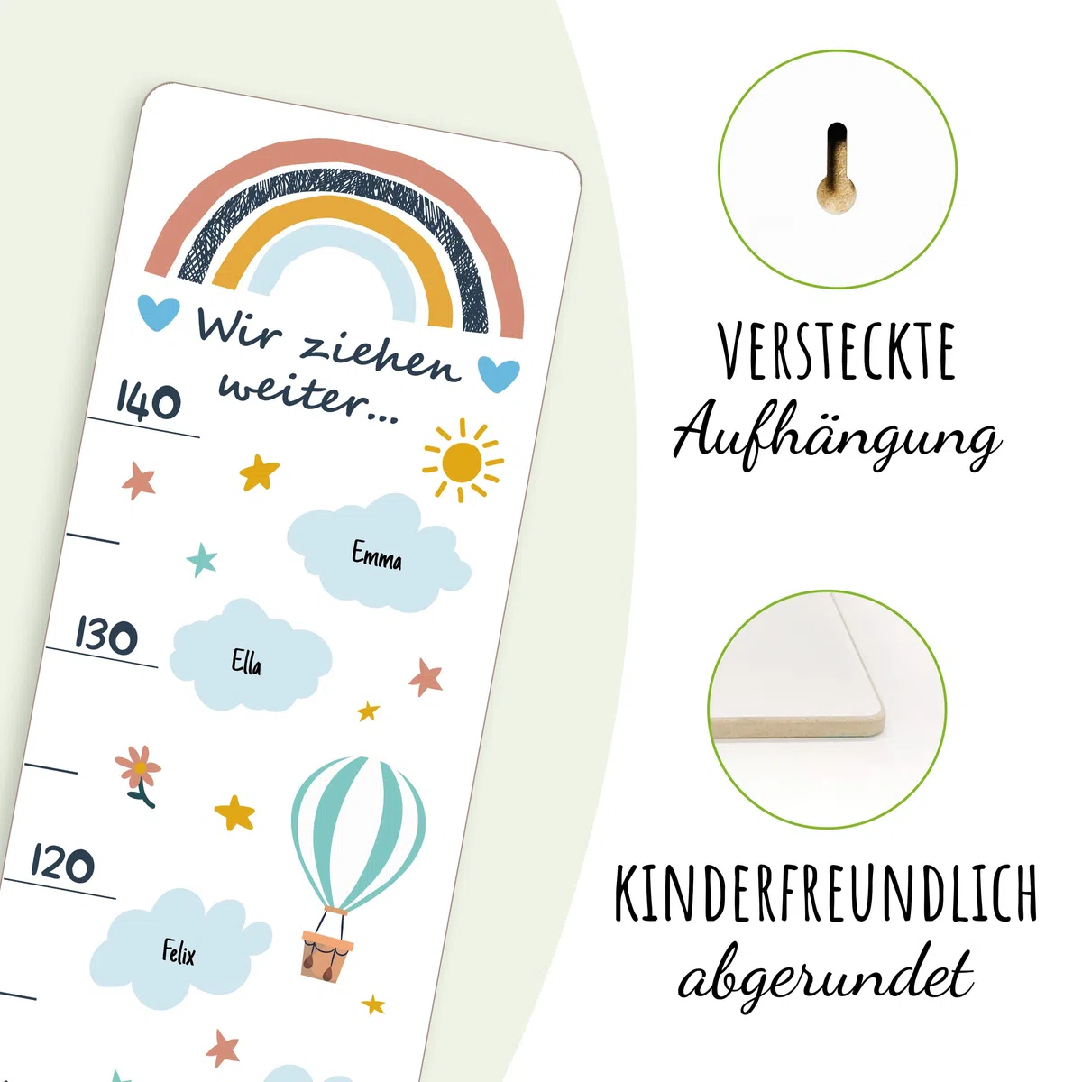 Holzura Messlatte aus Holz Personalisierbar mit Kindernamen, Wolken Design, Abschiedsgeschenk für Erzieher
