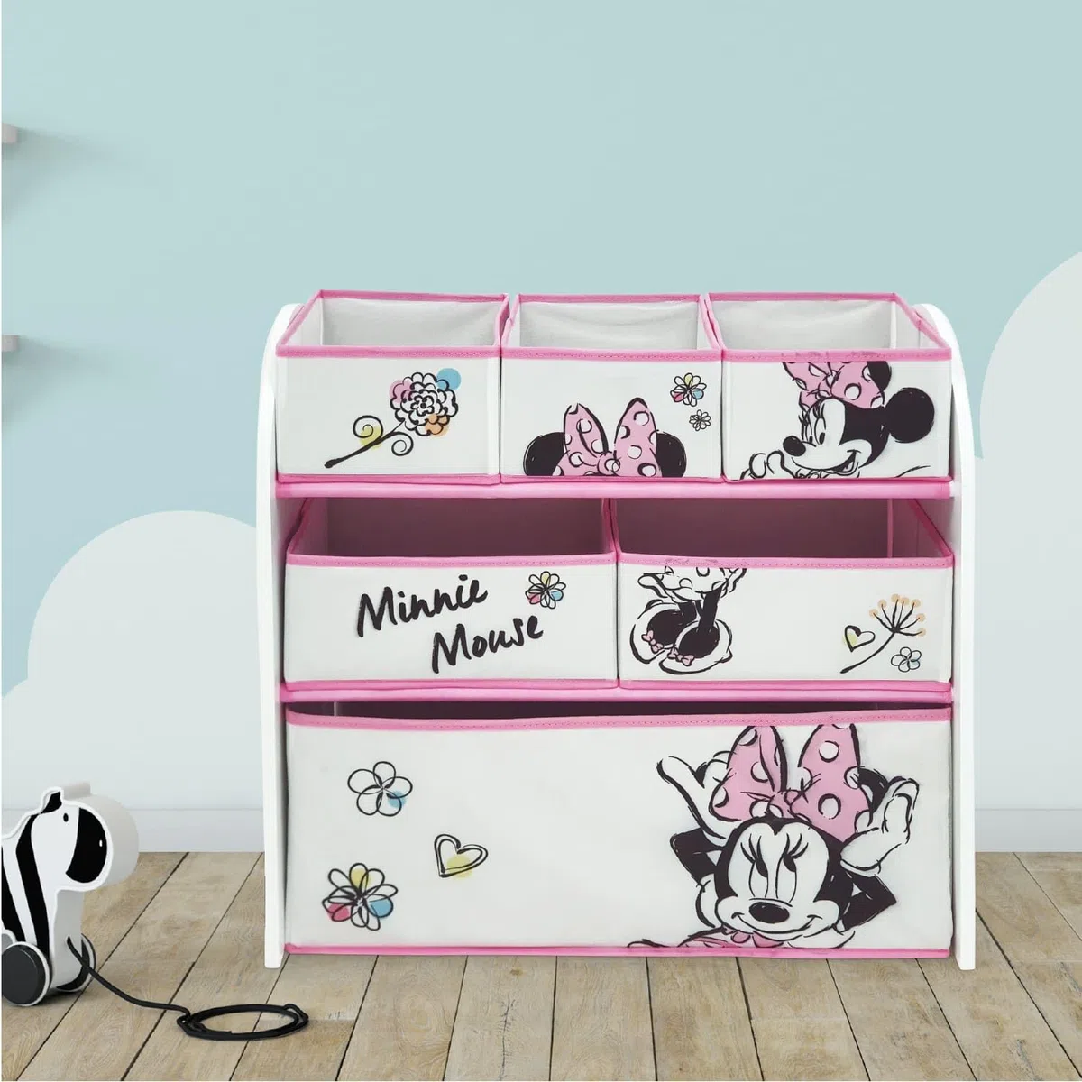 ARDITEX – Organizer aus Holz mit 6 Textilboxen mit Minnie-Mouse-Motiv von Disney – 62x30x60 cm – Farbe Schwarz-Weiß – Perfekt zum Aufbewahren von Spielzeug im Kinderzimmer