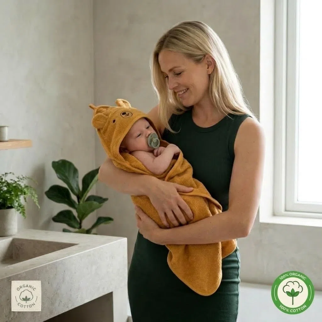 Denmark - Premium Bio-Baumwolle Baby Badetuch - Kapuzenhandtücher für Kleinkinder und Baby Handtücher für Neugeborene Mädchen und Junge - Super weich und saugfähig, 32x32 (Bär - Herbstgelb)