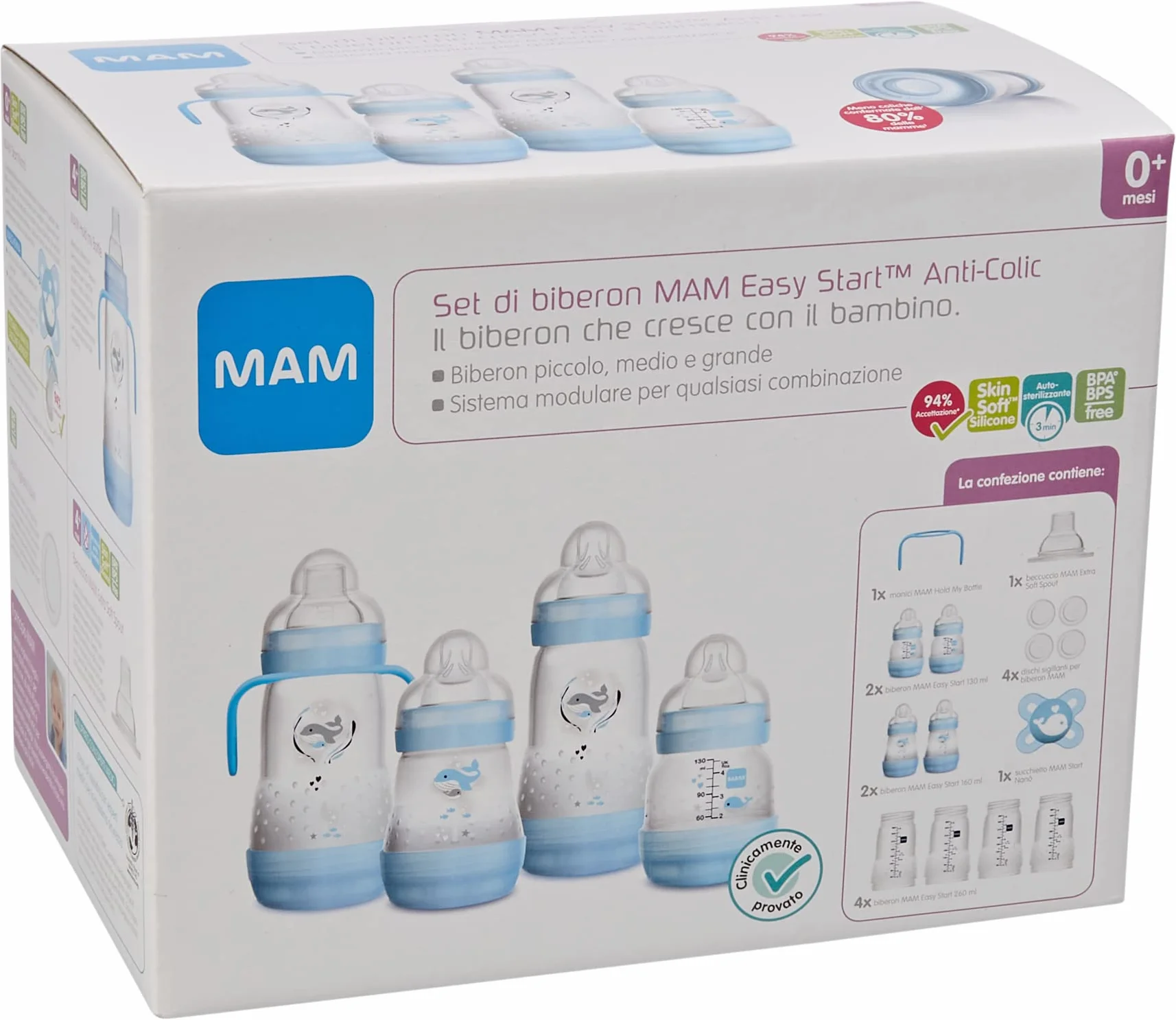 Mam Easy Start Anti-Colic Babyflasche, 8 Flaschen in den Formaten 130 ml, 160 ml und 260 ml, 1 Start Nano, 4 Dichtstoffscheiben, 1 extra weicher und griffiger Ausgießer, Sortiert Farbe, 7- 30 g