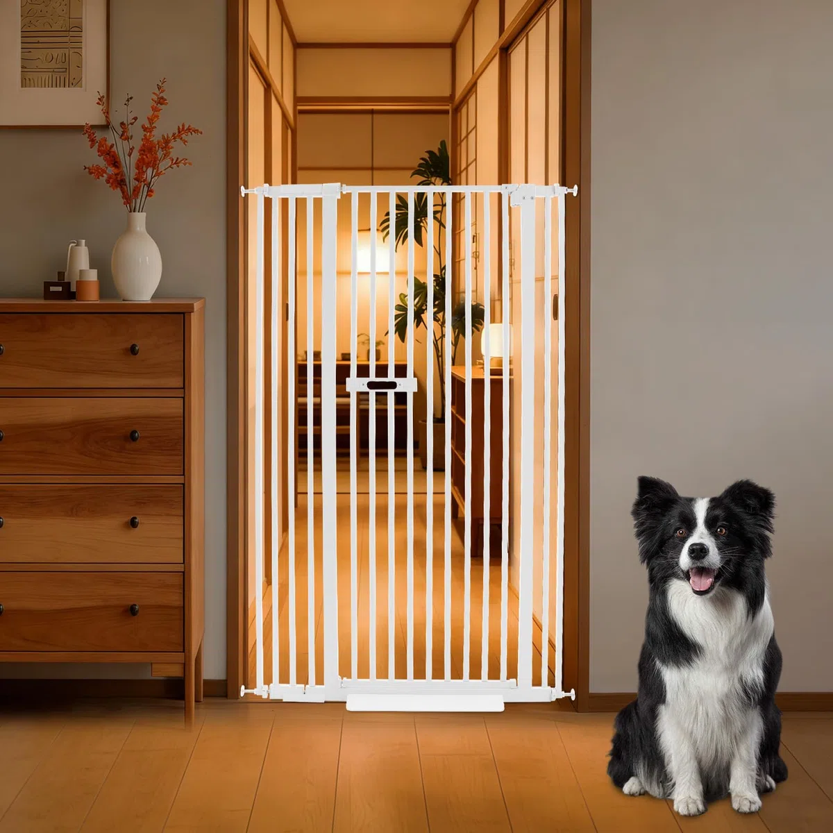 Schutzgitter für Katzen und Hunde, 150 cm, Türschutzgitter Ohne Bohren, Doppelte Verriegelung mit Katzentür, Türgitter Hoch aus Kohlenstoffstahl, für Türen mit Einer Breite von 86-95 cm