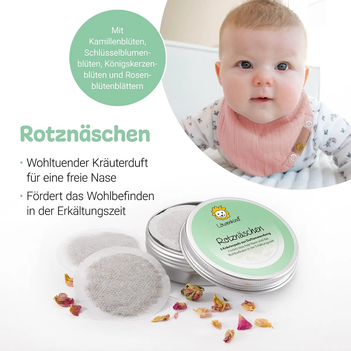 Löwenkind Einsteigerbox "Newborn" Grau mit Rotznäschen- und Gute-Nacht-Pads- Kräuterpads zur natürlichen Unterstützung in der Erkältungszeit und bei Schlafproblemen für Neugeborene bis 6 Monate