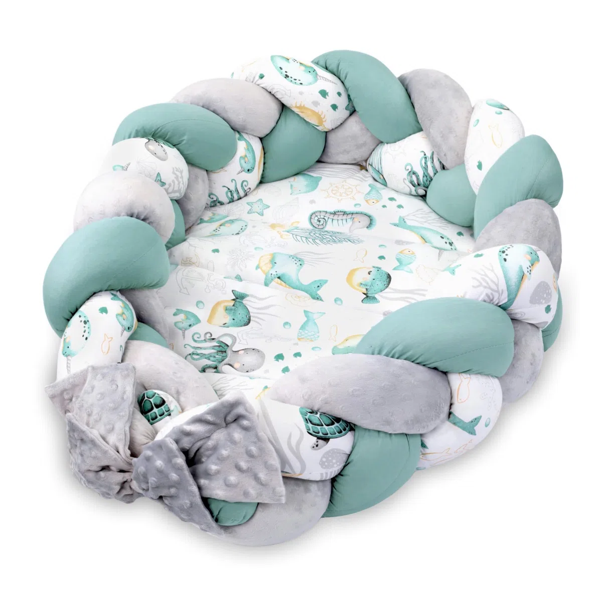 Babynest Neugeborene Nestchen Baby 75 x 45 cm – Plüschstoff Kuschelnest mit Zopf Kissen zerlegbares Set zweiseitig Babynestchen Babybett Wassertiere