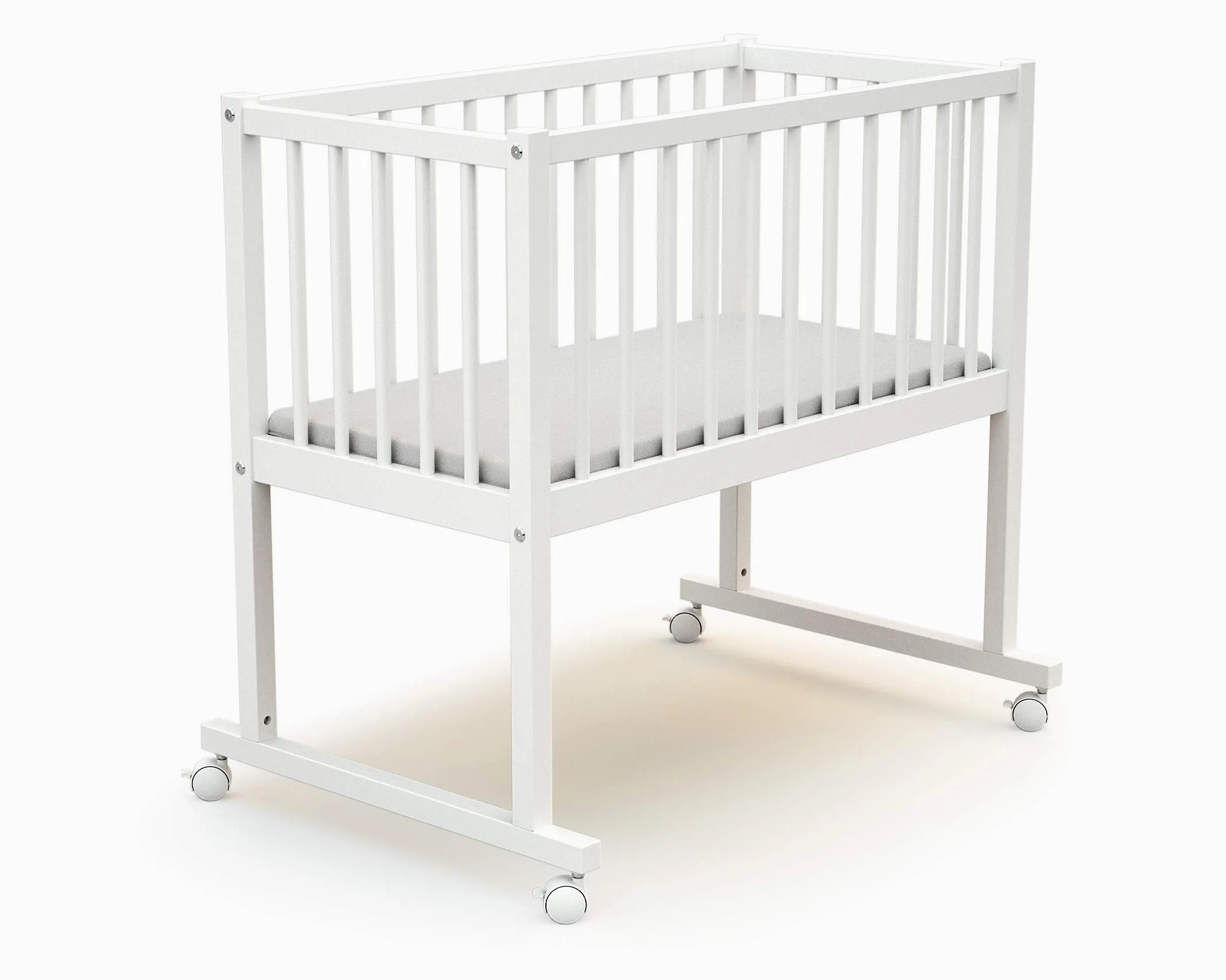 AT4 - Baby Wiege bett Holz mit rollen 40x80 ESSENTIEL Weiß| 86 x 58,5 x 80 cm | Babybett mit Matratze inklusive 40x80x5cm | 4 multidirektionale Räder | Leicht zu bewegen