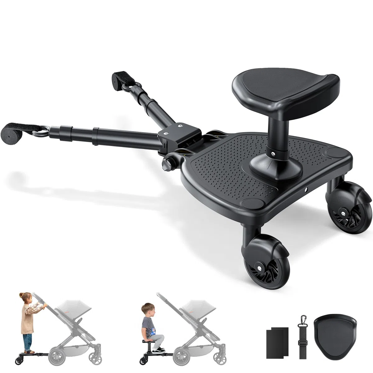Buggy Board mit Großer Sitz, Trittbrett Für Knderwagen Universal, Buggy Board mit Sitz für Kinder von 2-6 Jahren, Bearing 25KG (Schwarz)