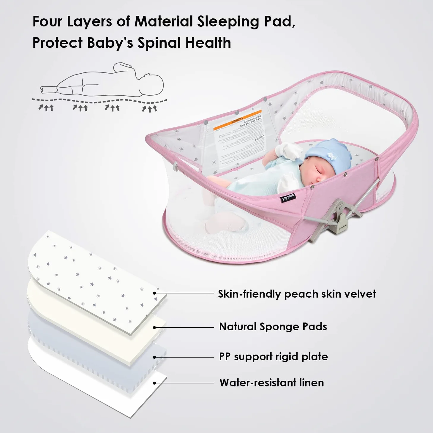 beberoad Baby Reisebett - Stubenwagen - Leicht - Portable Reisebettzelt für Babys- Zweipunkt-Sicherheits-T-Lock-System - Mit Moskitohaube, Matratze und Tasche - Atmungsaktives Netz (Pink)