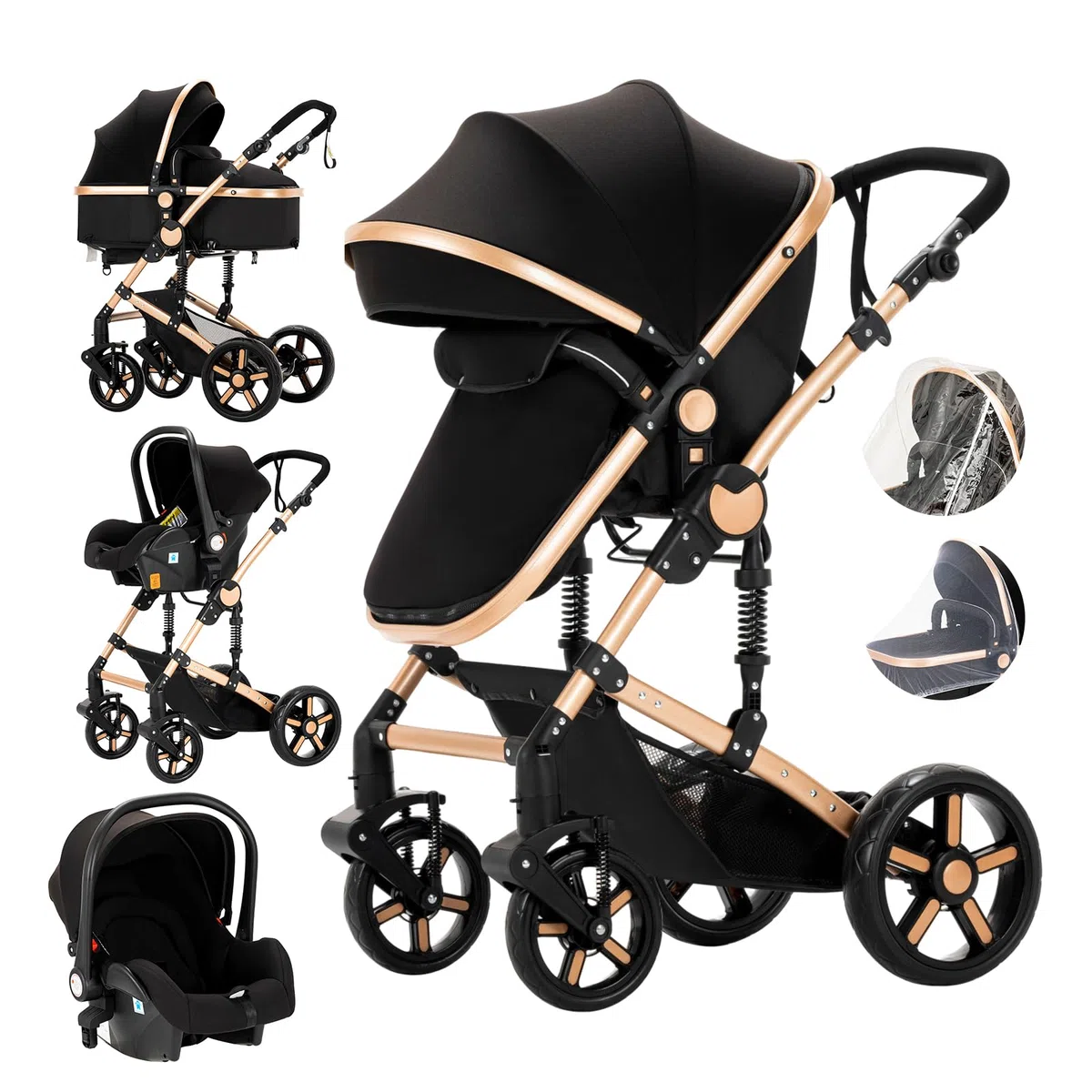 MoLi Kinderwagen 3 in 1, Kinderwagen mit Umkehrbarem Doppelschiebemodus, Buggy mit Großer Bequemer Babywanne, Kombikinderwagen 3 in 1 Rahmen Aluminiumlegierung Faltbar Hohe Landschaft (588 Black Gold)