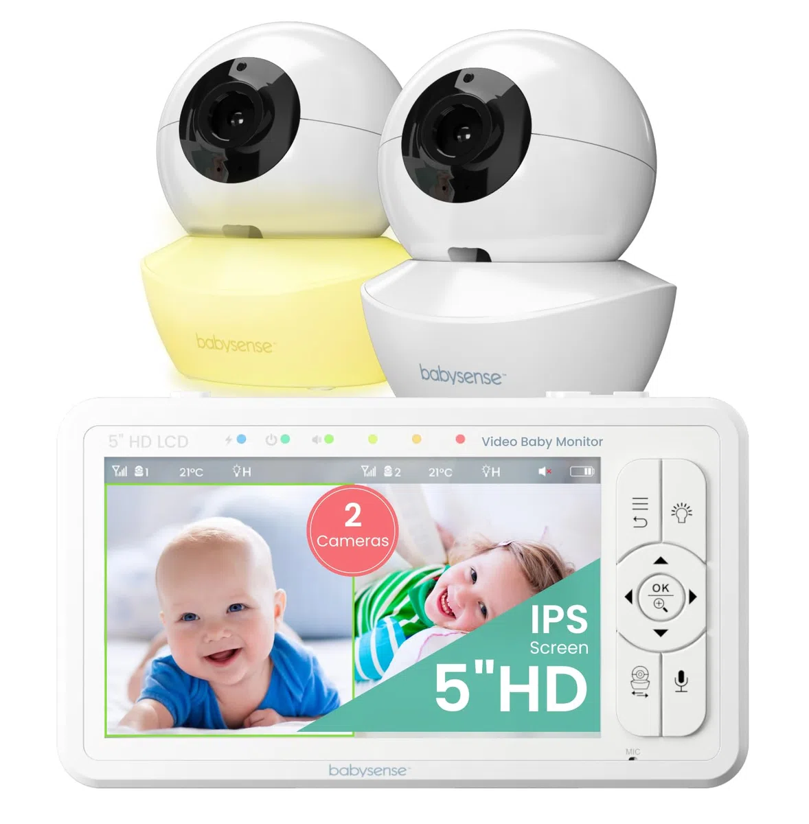 Babysense Video Babyphone HD 5 Zoll 2 Kameras ohne WLAN 300m Reichweite Zwei-Wege-Audio 4-facher Zoom 4000mAh Akku
