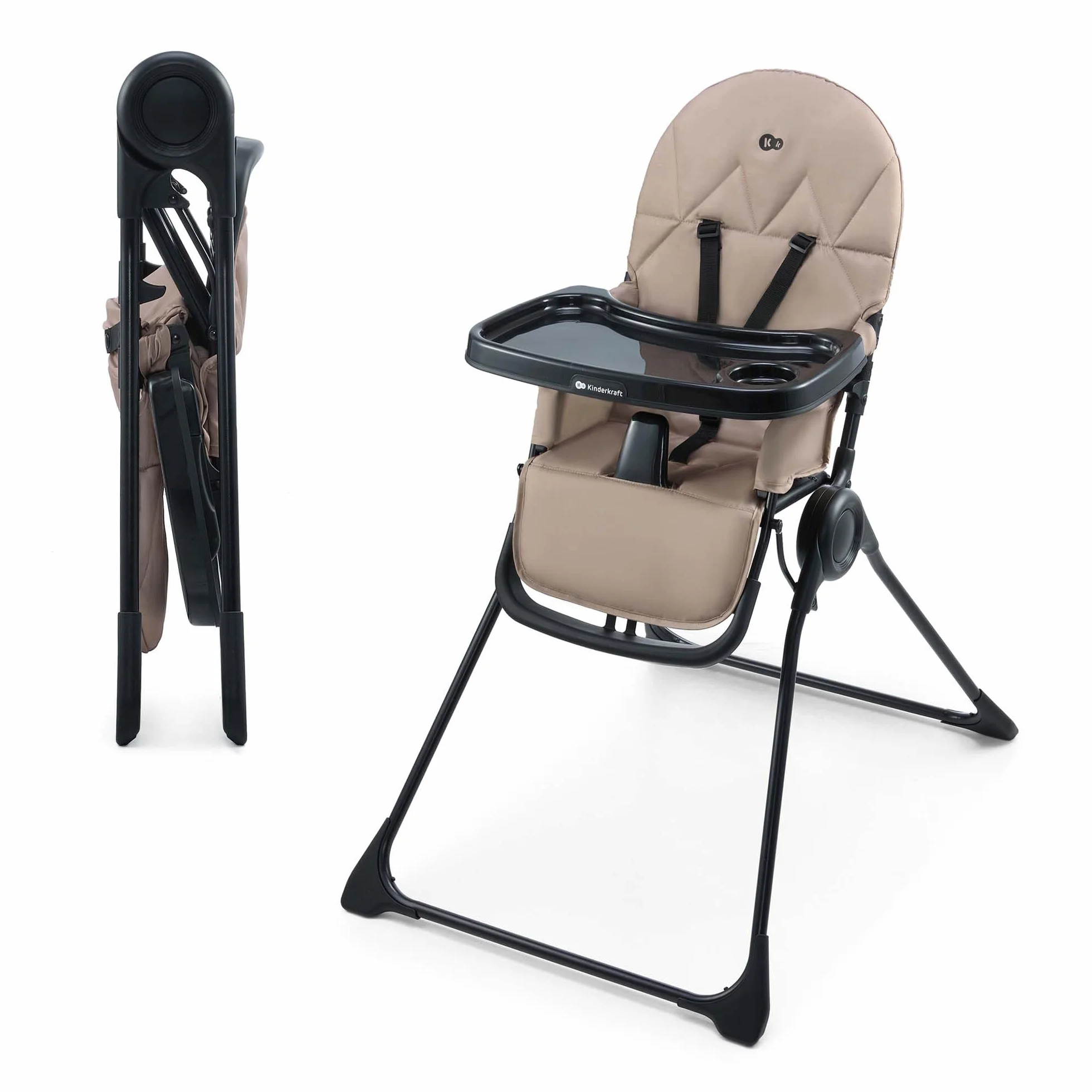 Kinderkraft BINCI Kinderhochstuhl, Babystuhl, leicht und faltbar mit Tablett, Fußstütze und 5-Punkt-Gurt, ideal für kleine Räume und Reisen, Beige