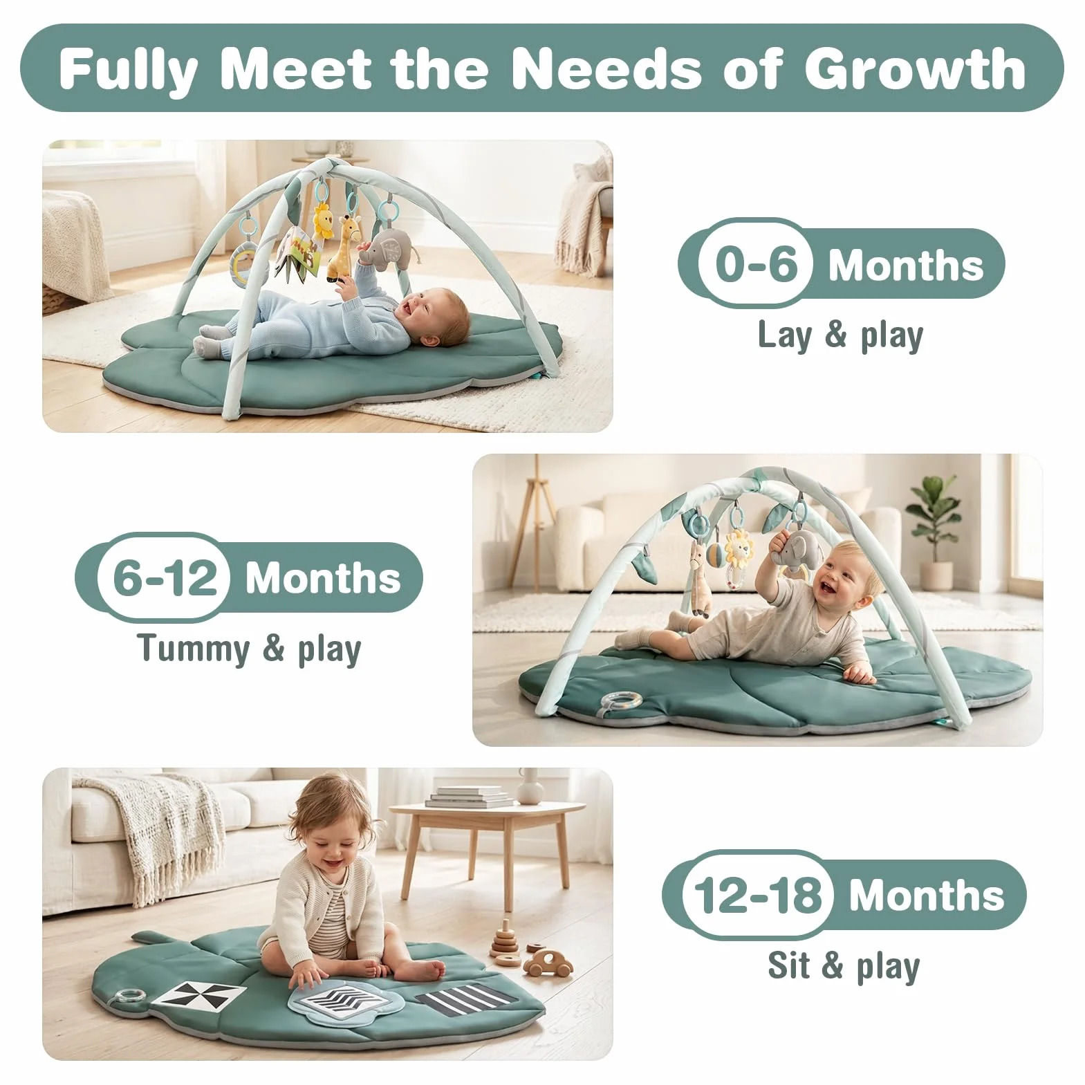 Spielmatte Baby mit Spielbogen, Vanplay Spieldecke Baby mit Bogen, Rutschfest Spieldecke Greifspielzeug Baby Stoffbuch, 6 Abnehmbaren Babyspielzeug, Geschenk Neugeborenes Junge Mädchen