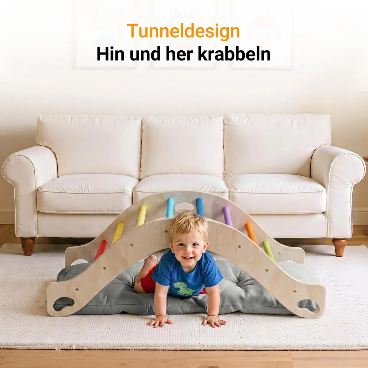 COSYLAND Montessori Kletterbogen aus Holz mit Kissen, Baby Kletterbogen ab 1 Jahr, Holzwippe Indoor zum Wippen, Klettern und Krabbeln, Bogenwippe Regenbogen