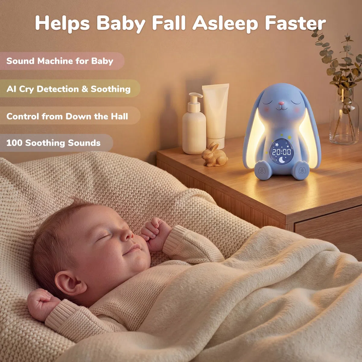 MeWaii White Noise Machine Baby mit Weinen-Erkennung & Wecker, 100 Weißes Rauschen, 22 Stunden Akkulaufzeit, Süßes Nachtlicht Hase - Begleitet Baby ins Schlafen, Geschenke für Werdende Mütter