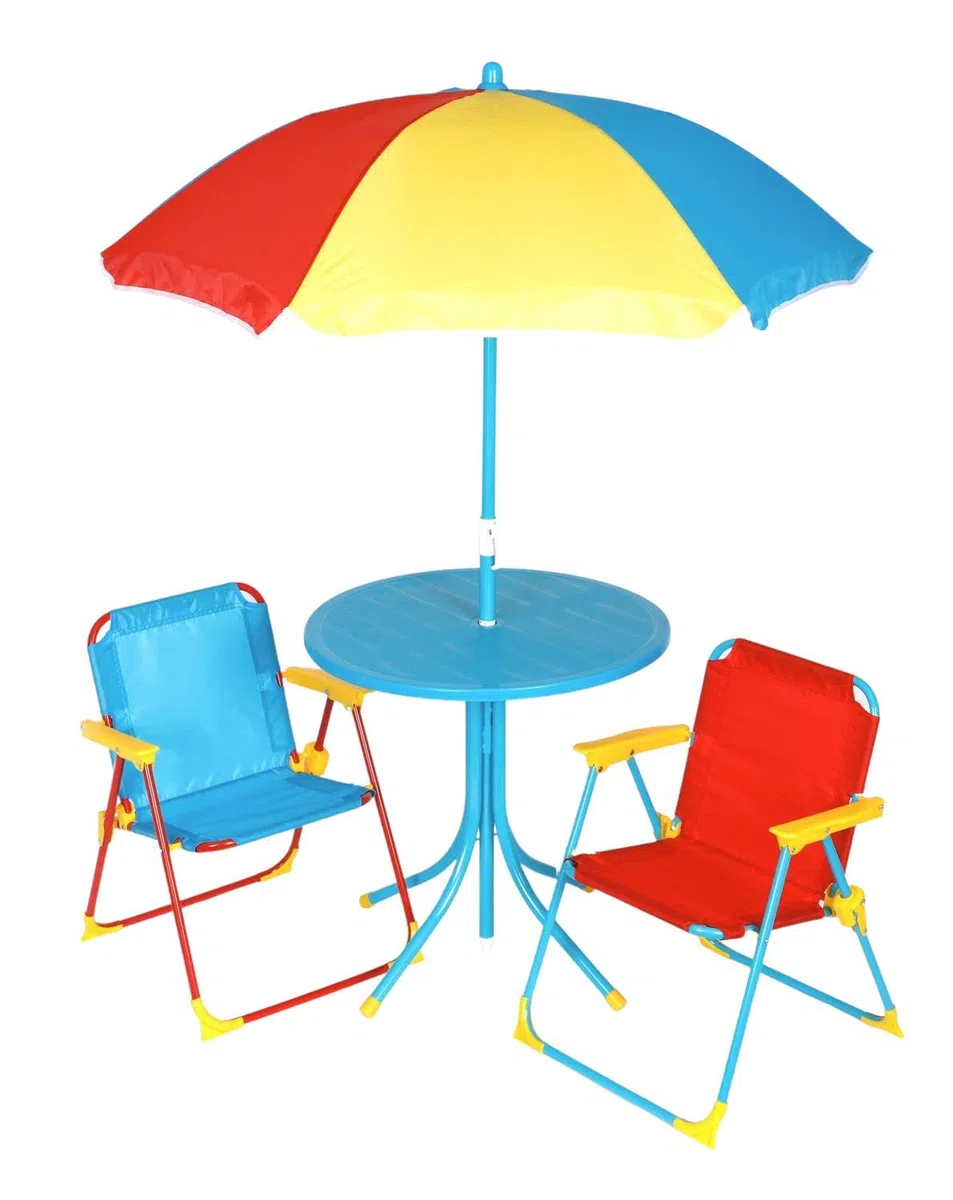 Kinder Sitzgruppe mit Sonnenschirm Gartentisch Klappstühle Bunt Gartenmöbel | Kindermöbel, Gartenmöbel, Outdoor, Picknicktisch, Tisch und Stühle, wetterfest, Spielgarten, Sitzgarnitur, Terrasse
