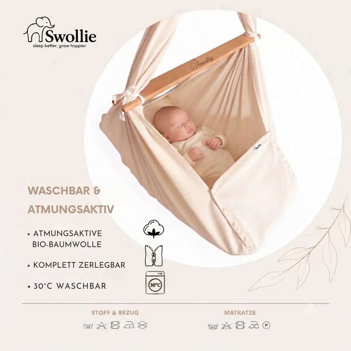 Premium Baby Federwiege mit Tipi-Gestell - Beige Federwiege mit beigem Tipi-Gestell - für Babys ab Geburt - Bio-Baumwolle