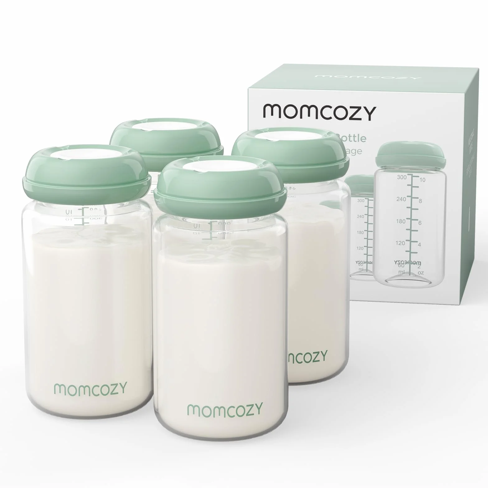 Momcozy Natürliche Baby Bottle Muttermilch Bewahrung, 330ml Breitmaul-Muttermilch-Aufbewahrungsflasche für Kühlschrank & Momcozy Muttermilch-Kühler, BPA-freie Milchsammelflaschen, Stillhilfe, 4er Pack