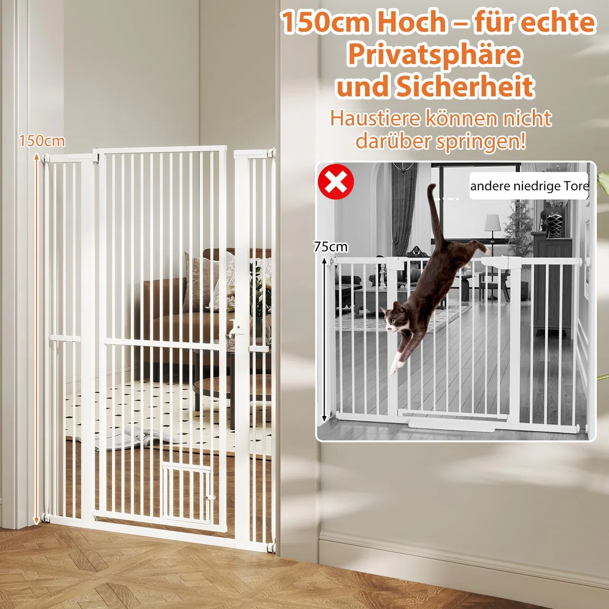 GYMAX extra hohes Haustiergitter, Türgitter Hunde mit Verriegelbarer Katzenklappe, 2 Verlängerungssets für 77-104 cm breite Öffnung, Hundegitter Wohnung ohne Bohren für Hunde, Katzen (150 cm)